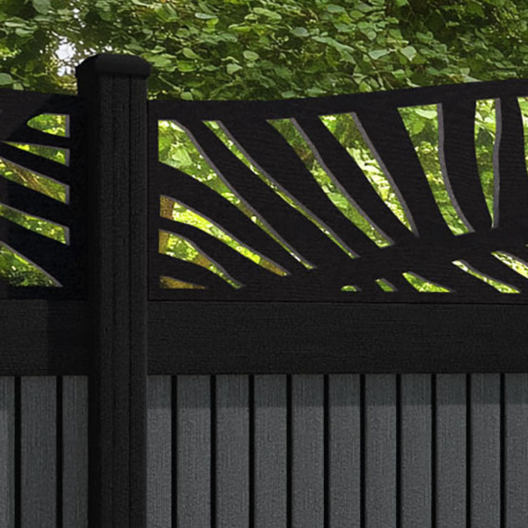 Virtis Palm Curved Top Fence Panel - Dark Grey - with our aluminium posts
