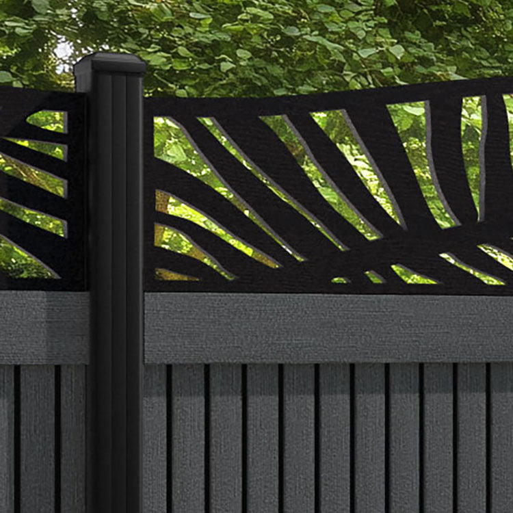 Virtis Palm Curved Top Fence Panel - Dark Grey - with our aluminium posts