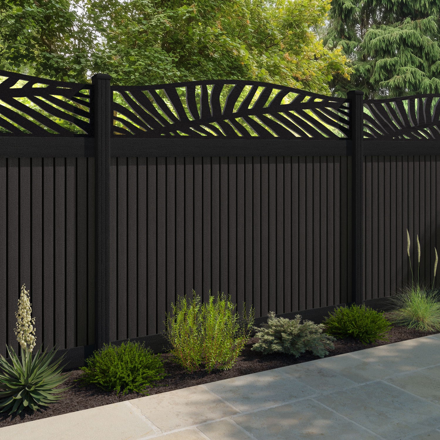 Virtis Palm Curved Top Fence Panel - Dark Oak - with our aluminium posts