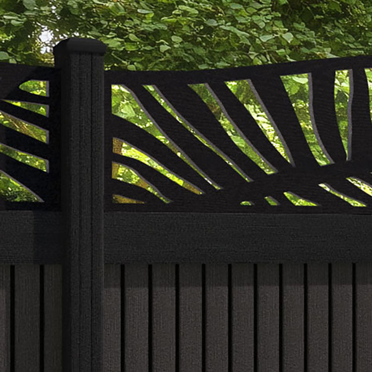 Virtis Palm Curved Top Fence Panel - Dark Oak - with our aluminium posts