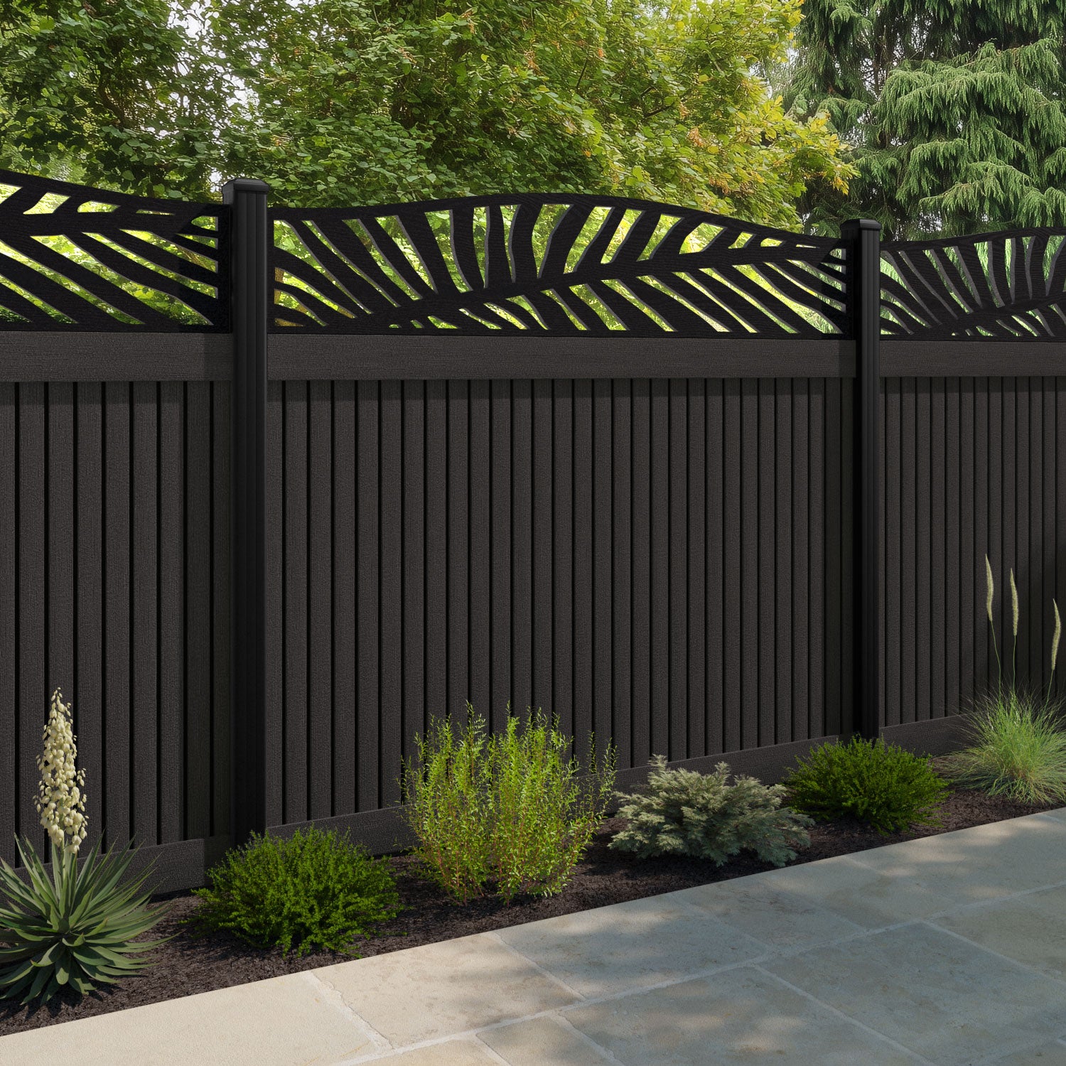 Virtis Palm Curved Top Fence Panel - Dark Oak - with our aluminium posts