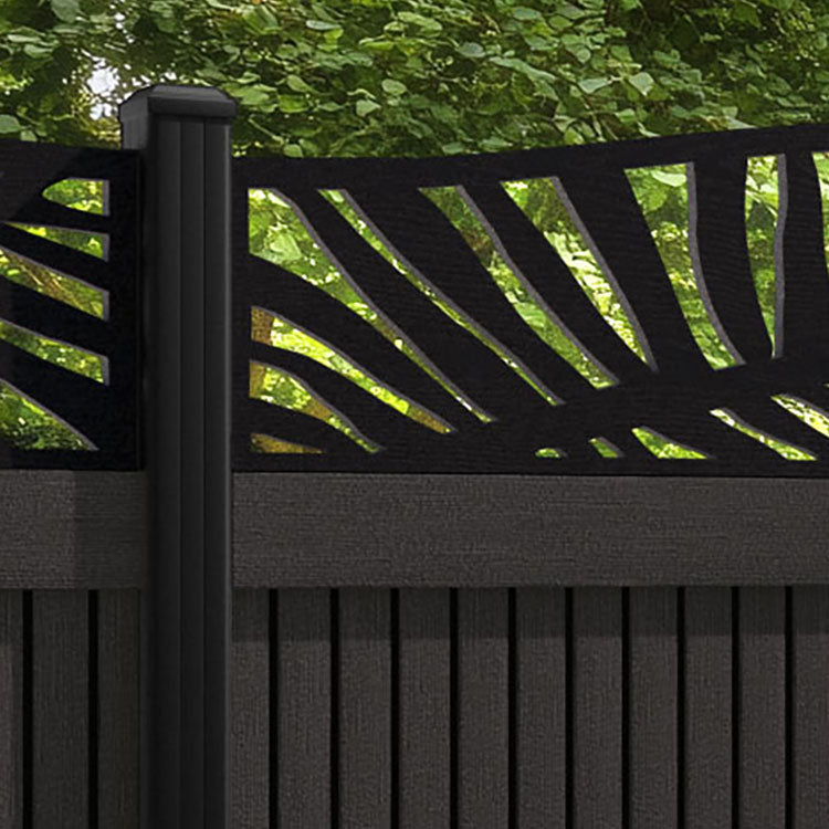 Virtis Palm Curved Top Fence Panel - Dark Oak - with our aluminium posts