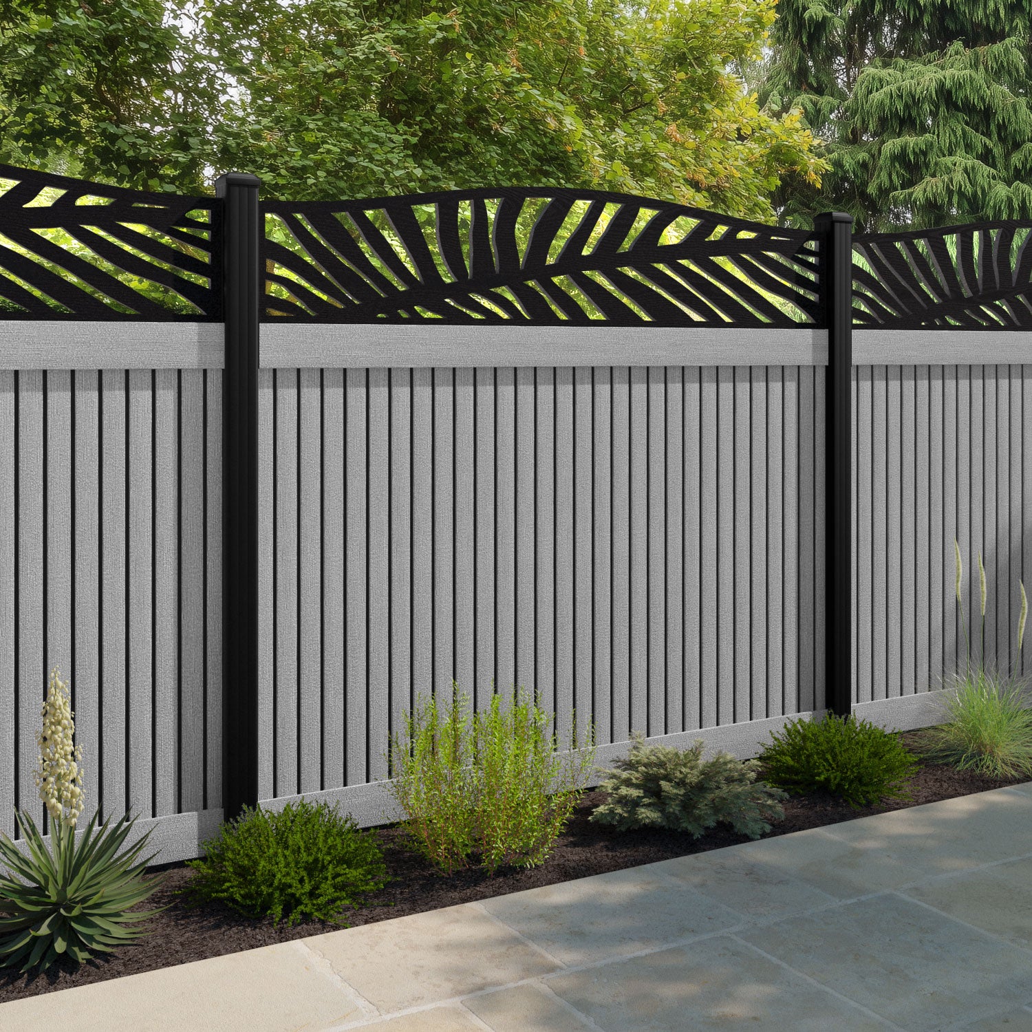 Virtis Palm Curved Top Fence Panel - Light Grey - with our composite posts
