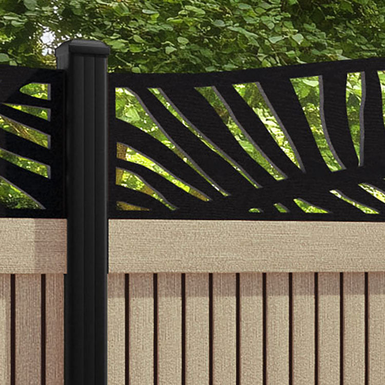 Virtis Palm Curved Top Fence Panel - Light Oak - with our aluminium posts