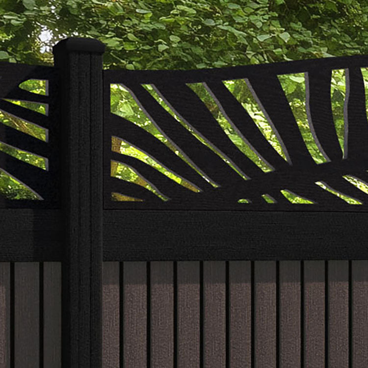 Virtis Palm Curved Top Fence Panel - Mid Brown - with our aluminium posts