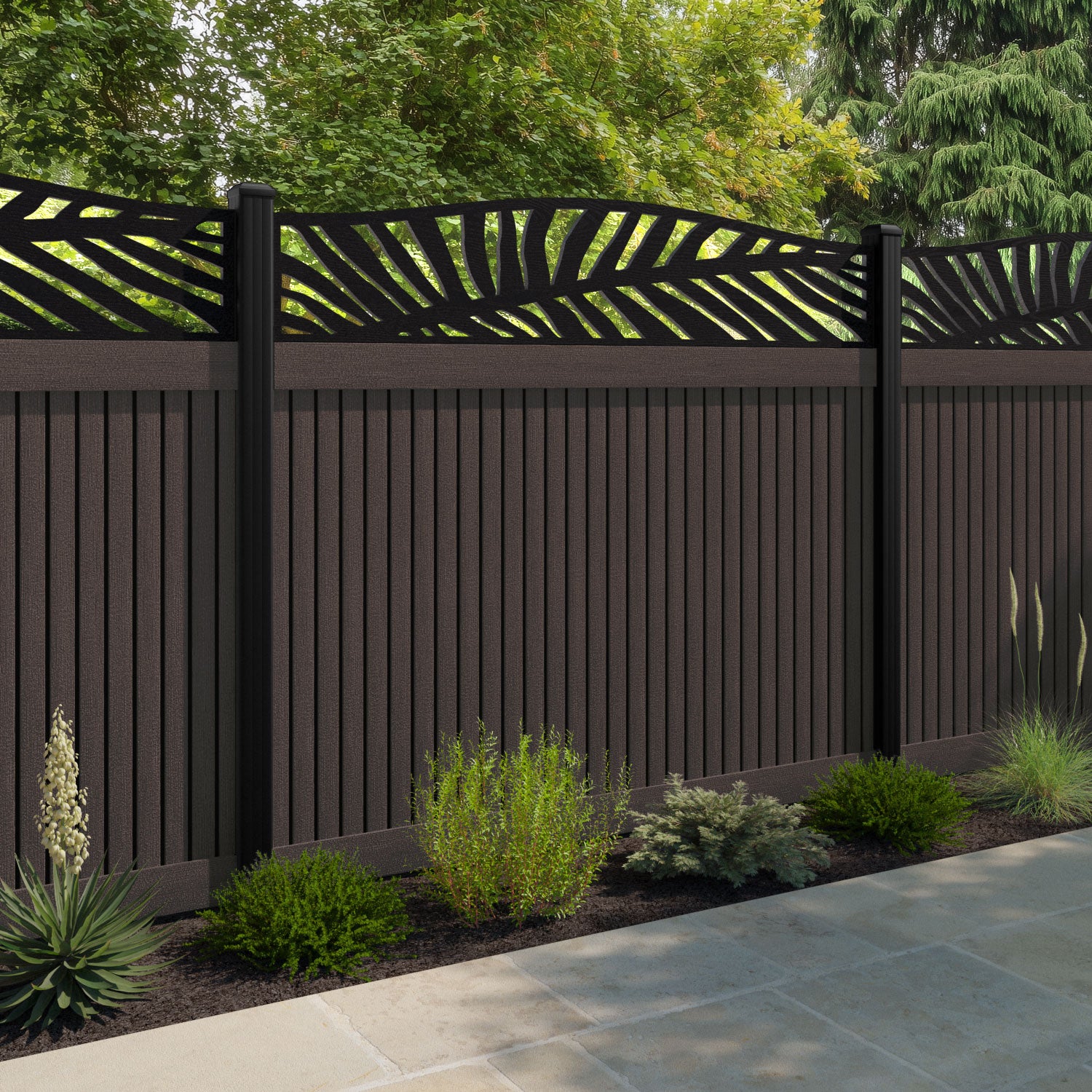 Virtis Palm Curved Top Fence Panel - Mid Brown - with our composite posts