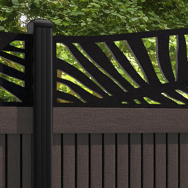Virtis Palm Curved Top Fence Panel - Mid Brown - with our aluminium posts
