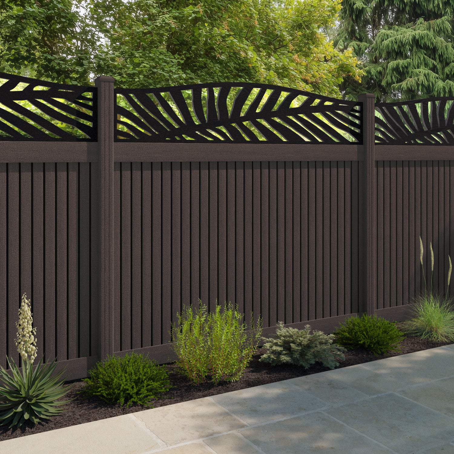 Virtis Palm Curved Top Fence Panel - Mid Brown - with our composite posts