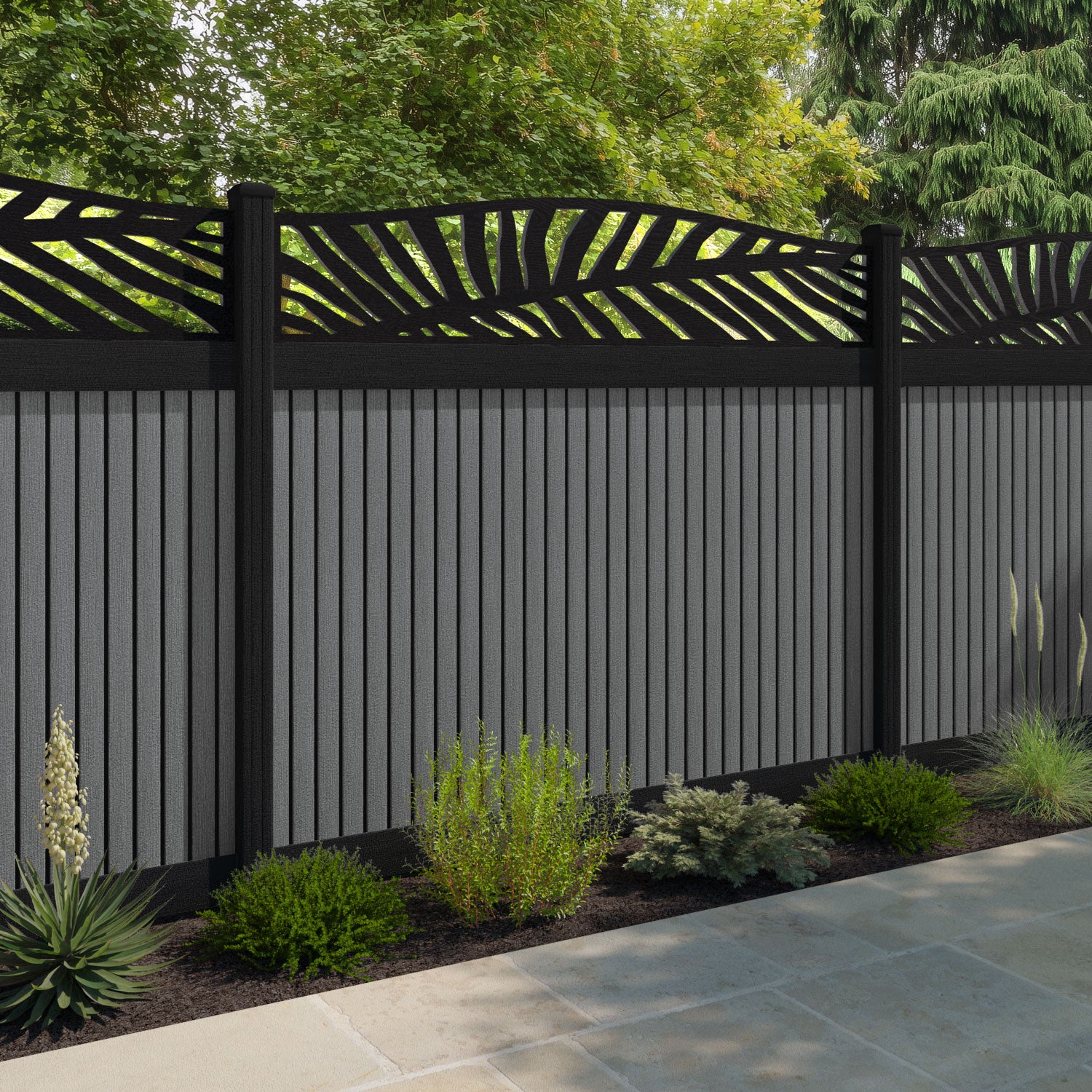 Virtis Palm Curved Top Fence Panel - Mid Grey - with our composite posts