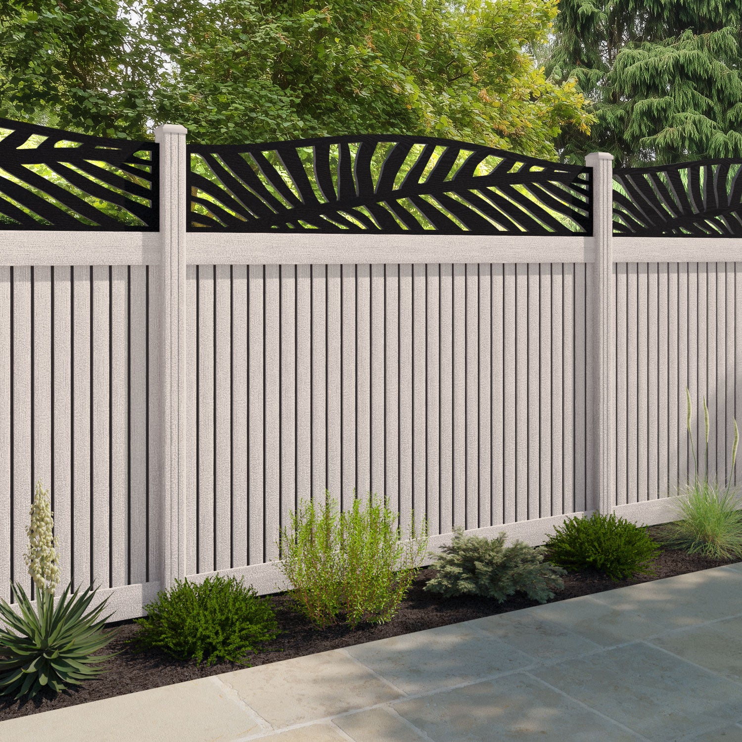 Virtis Palm Curved Top Fence Panel - Mid Stone - with our composite posts