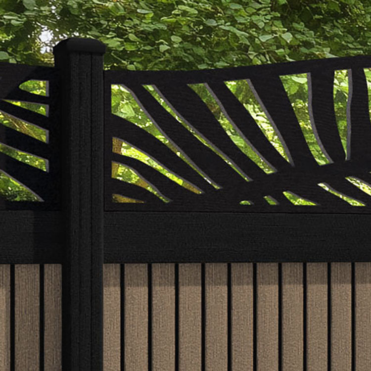 Virtis Palm Curved Top Fence Panel - Teak - with our aluminium posts