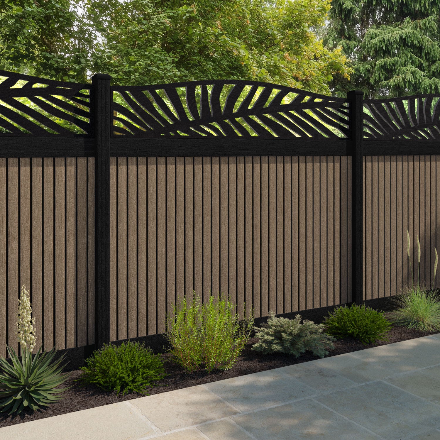 Virtis Palm Curved Top Fence Panel - Teak - with our composite posts