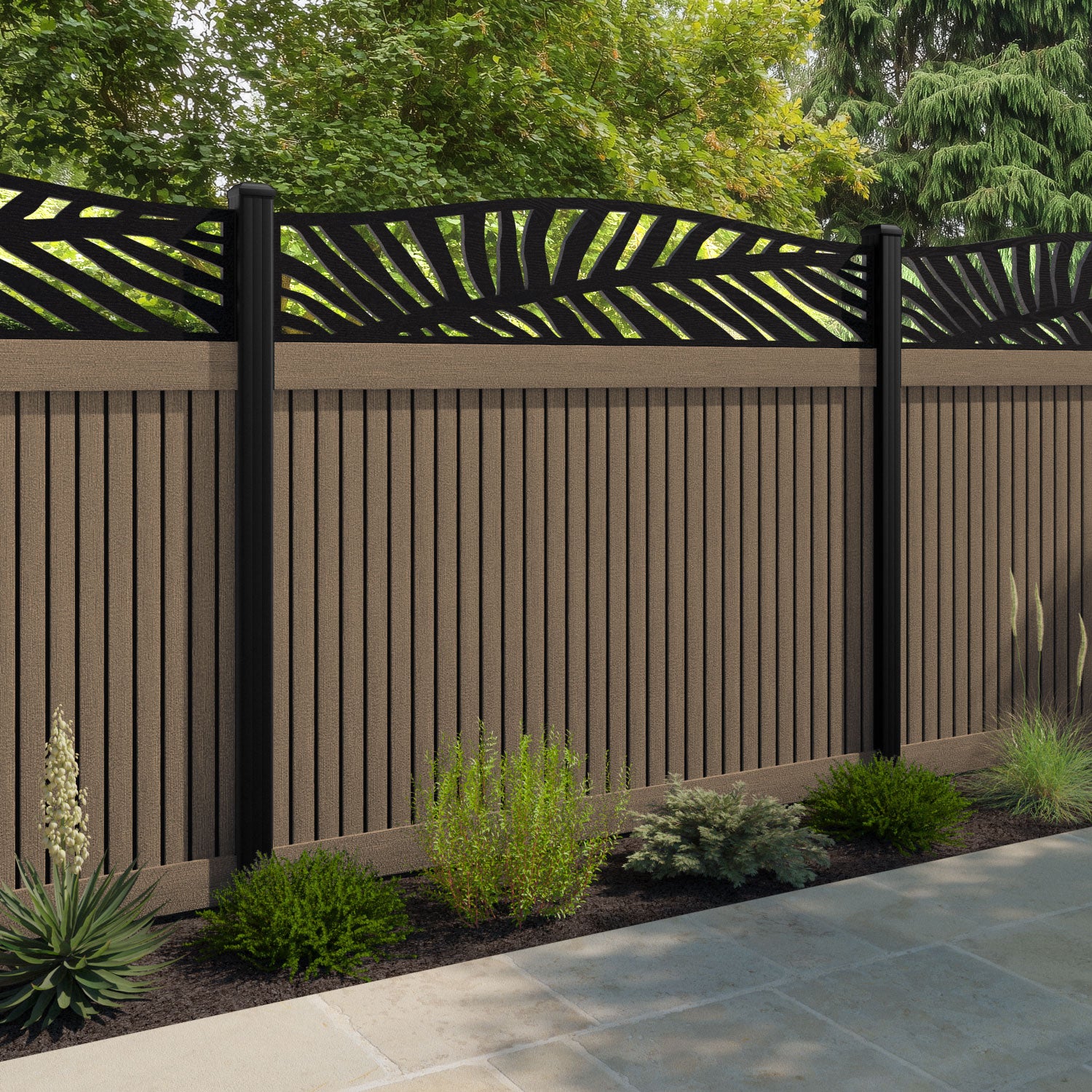 Virtis Palm Curved Top Fence Panel - Teak - with our aluminium posts