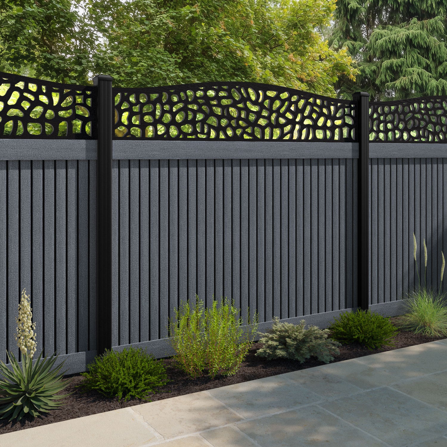 Virtis Pebble Curved Top Fence Panel - Anthracite - with our aluminium posts