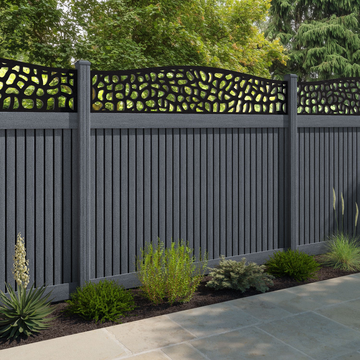 Virtis Pebble Curved Top Fence Panel - Anthracite - with our composite posts