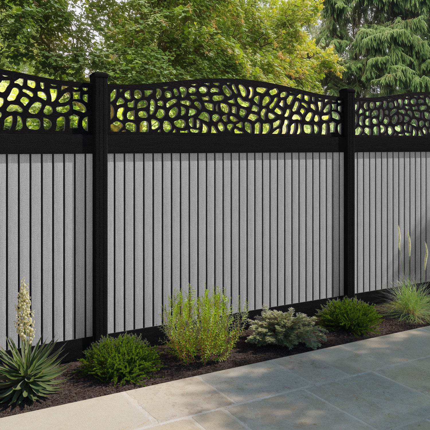 Virtis Pebble Curved Top Fence Panel - Light Grey - with our aluminium posts