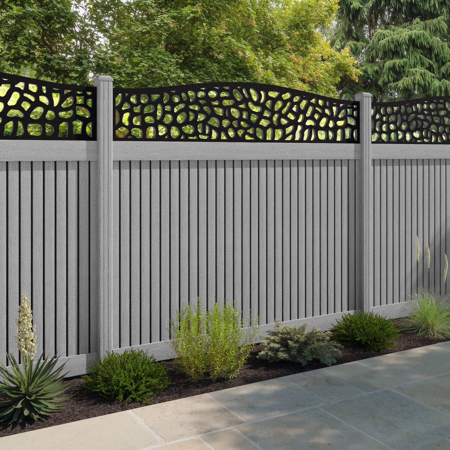 Virtis Pebble Curved Top Fence Panel - Light Grey - with our composite posts