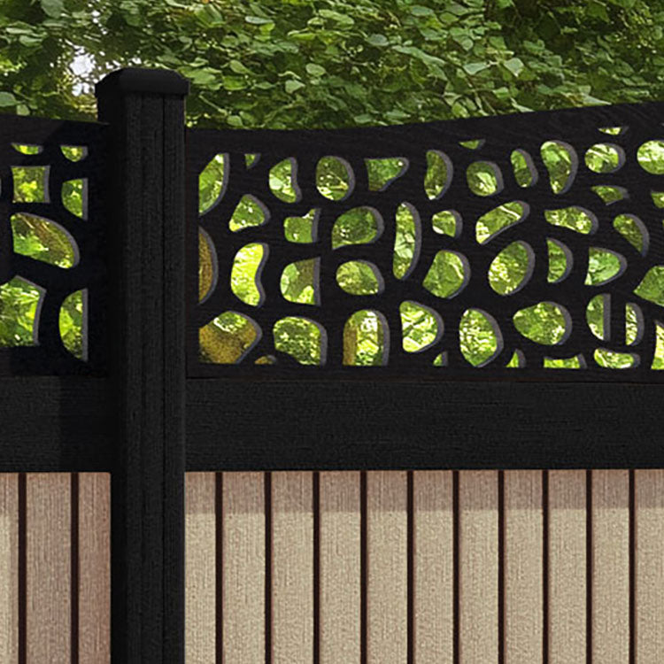 Virtis Pebble Curved Top Fence Panel - Light Oak - with our aluminium posts