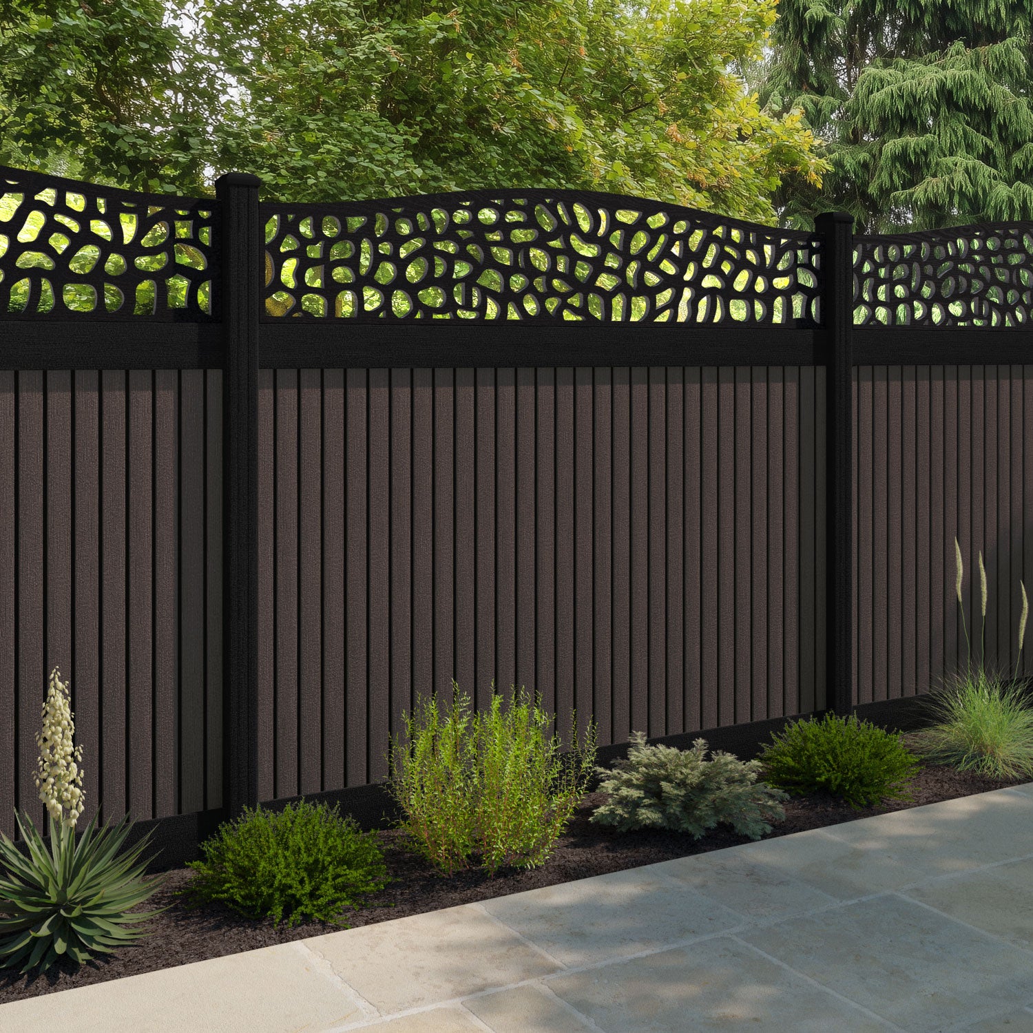 Virtis Pebble Curved Top Fence Panel - Mid Brown - with our aluminium posts