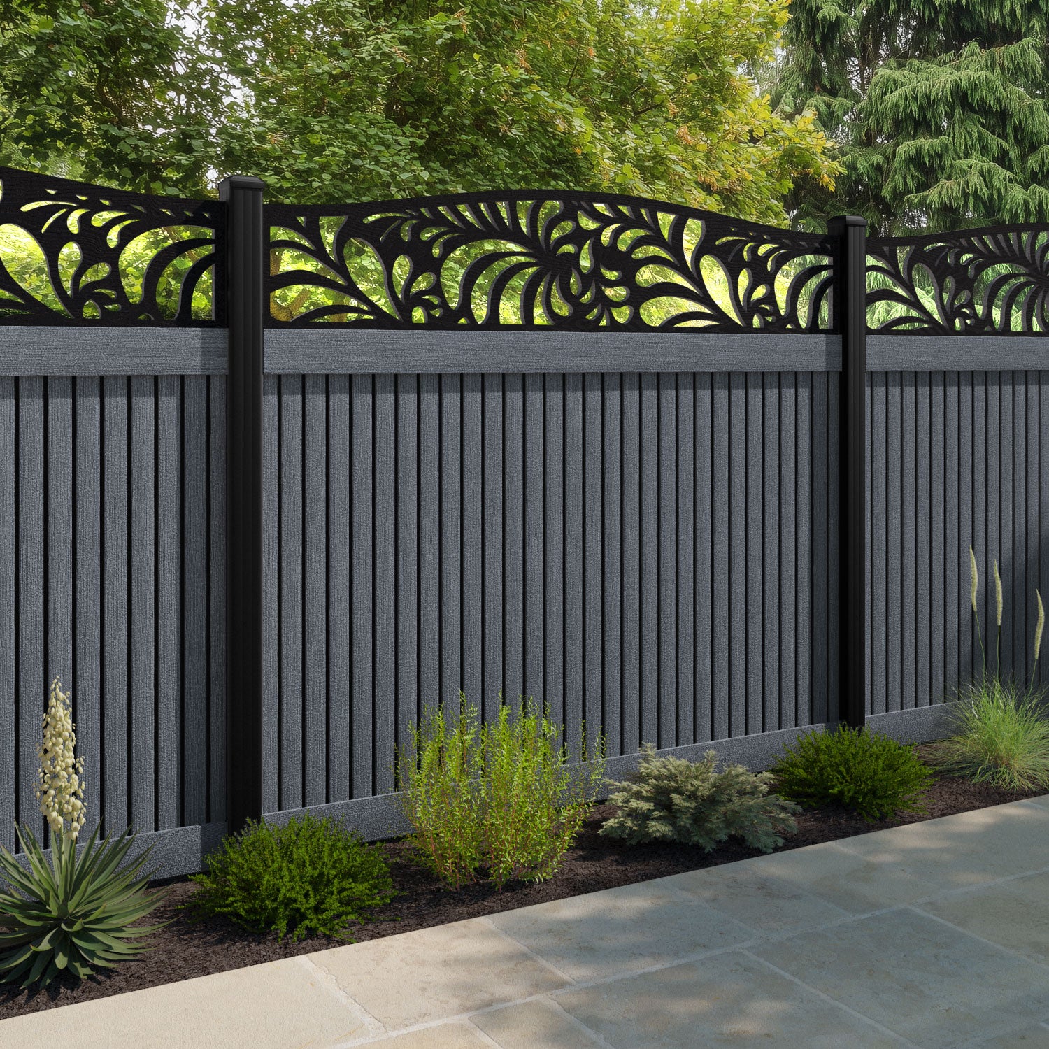 Virtis Petal Curved Top Fence Panel - Anthracite - with our aluminium posts
