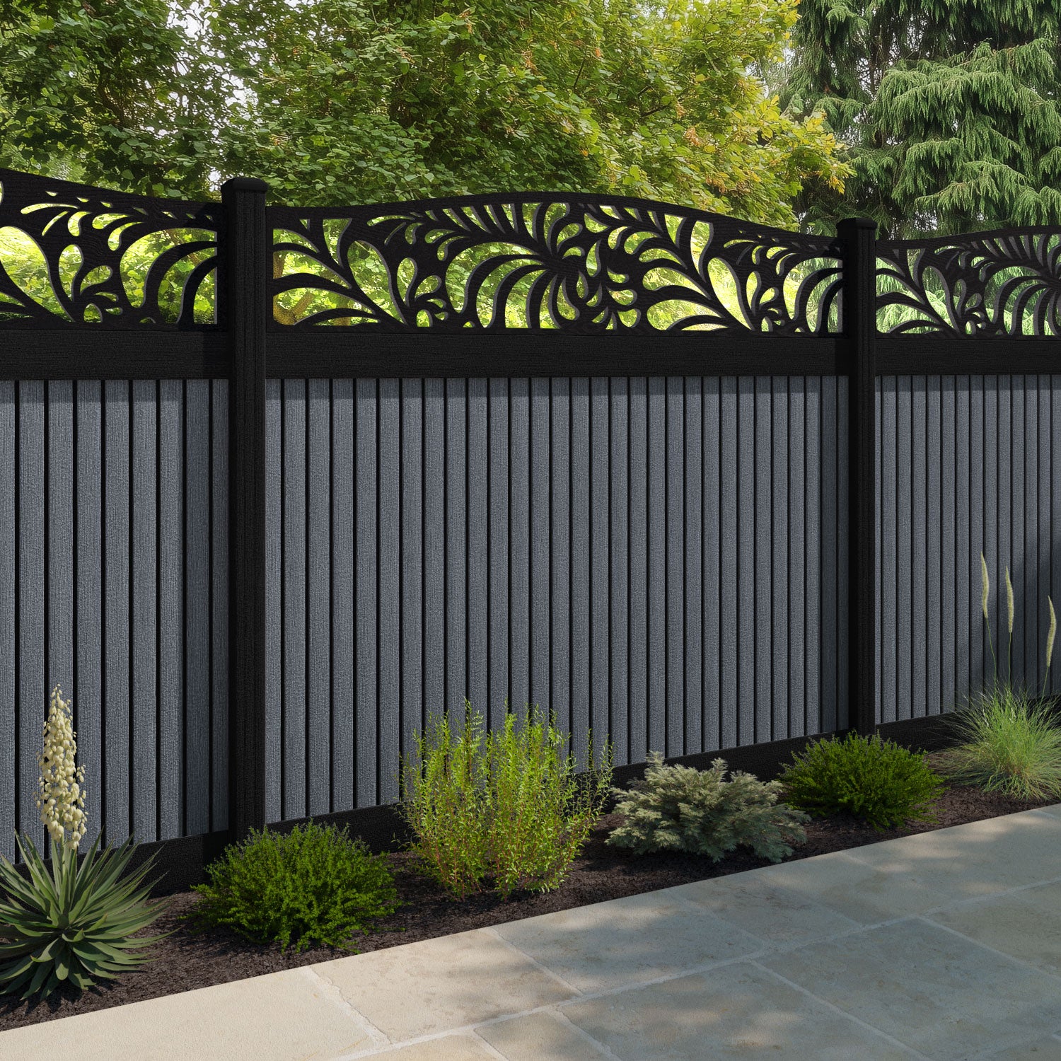 Virtis Petal Curved Top Fence Panel - Anthracite - with our aluminium posts