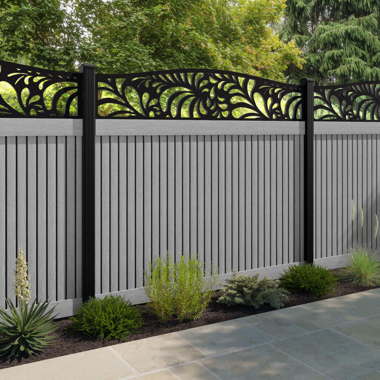 Virtis Petal Curved Top Fence Panel - Light Grey - with our composite posts