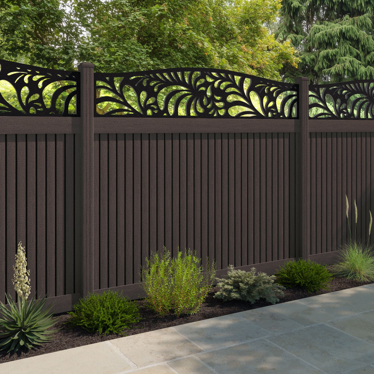 Virtis Petal Curved Top Fence Panel - Mid Brown - with our composite posts