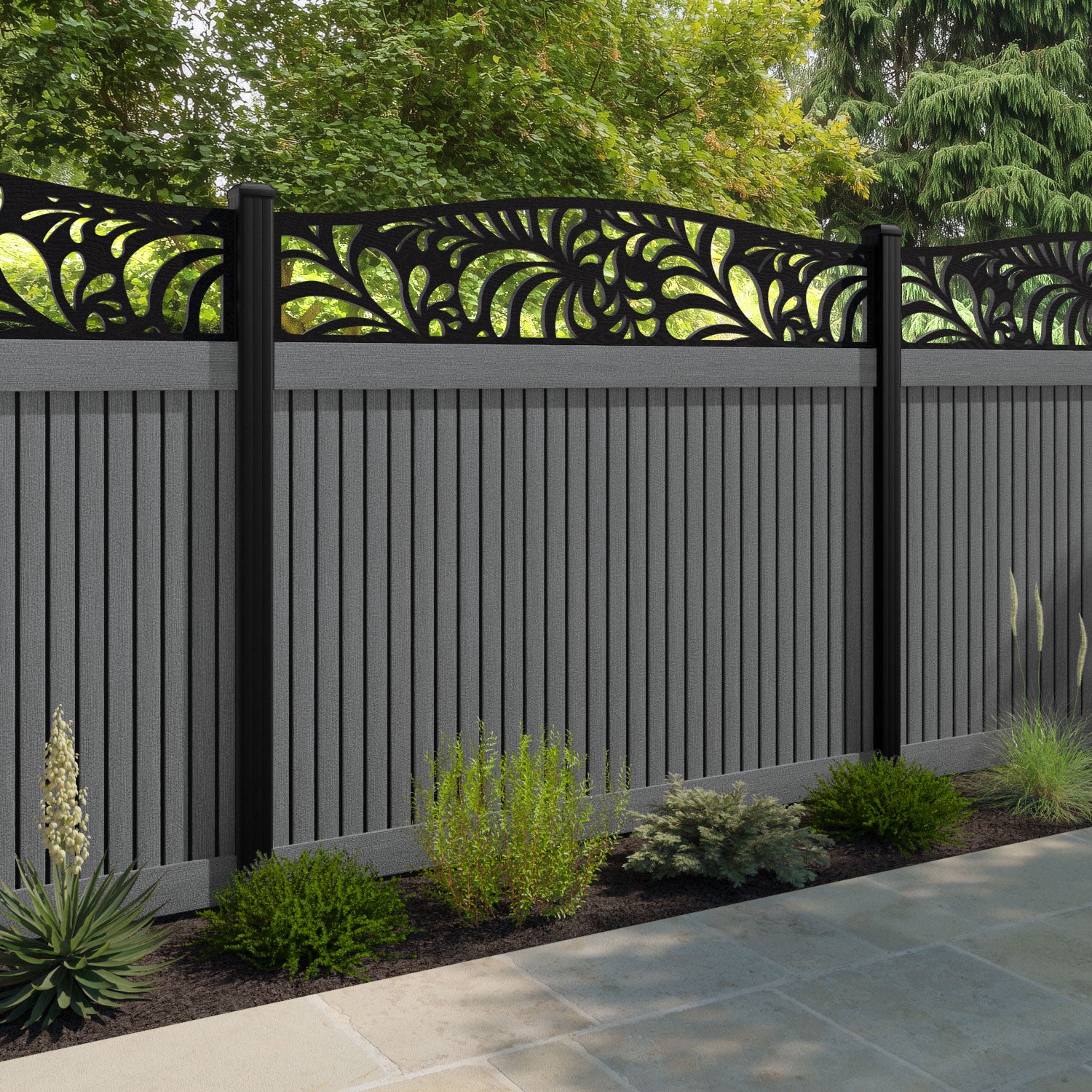 Virtis Petal Curved Top Fence Panel - Mid Grey - with our aluminium posts