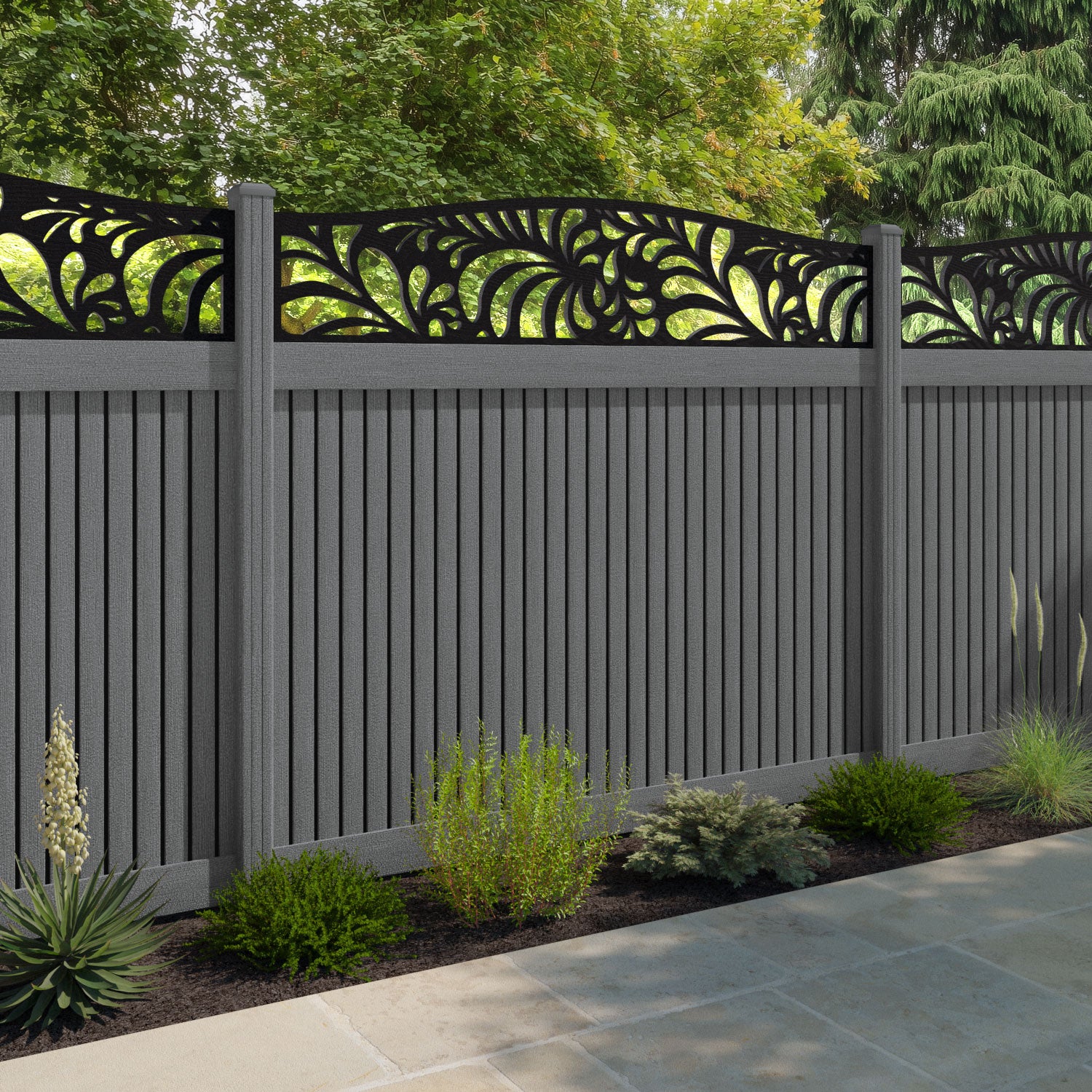 Virtis Petal Curved Top Fence Panel - Mid Grey - with our composite posts