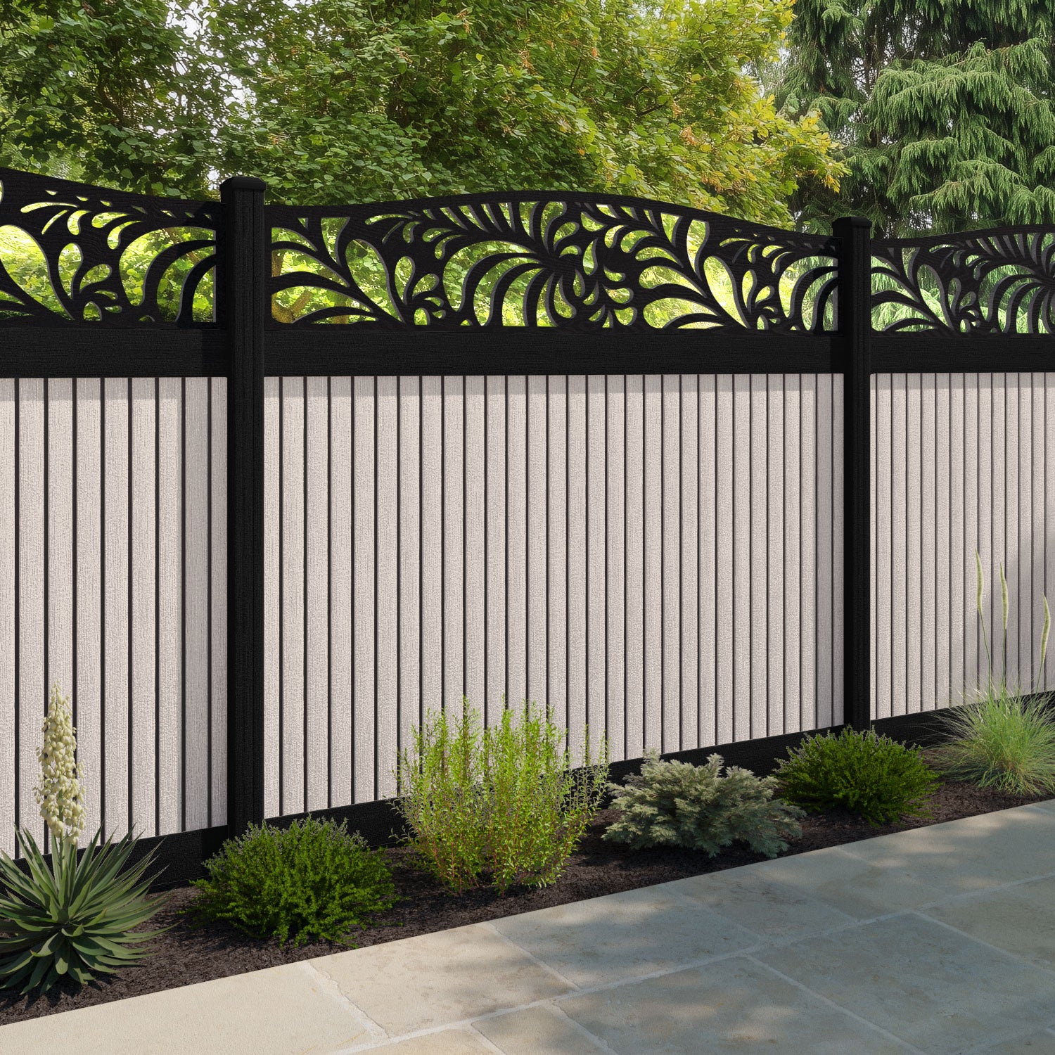 Virtis Petal Curved Top Fence Panel - Mid Stone - with our composite posts