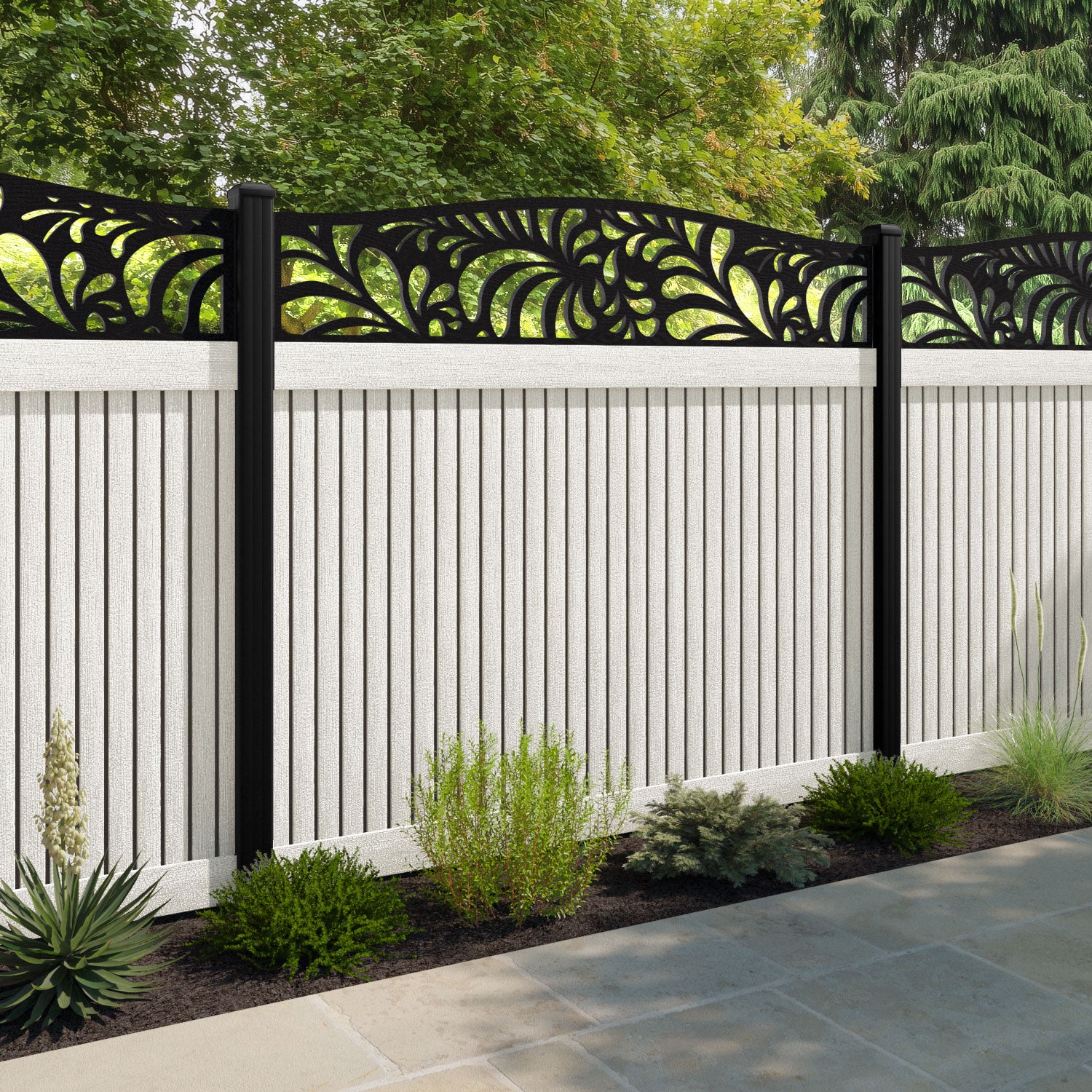 Virtis Petal Curved Top Fence Panel - Light Stone - with our composite posts