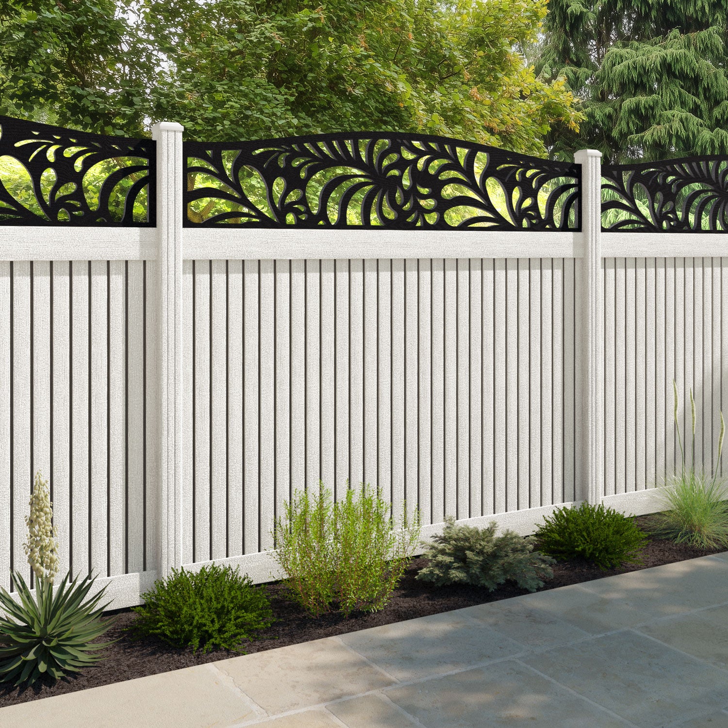 Virtis Petal Curved Top Fence Panel - Light Stone - with our composite posts