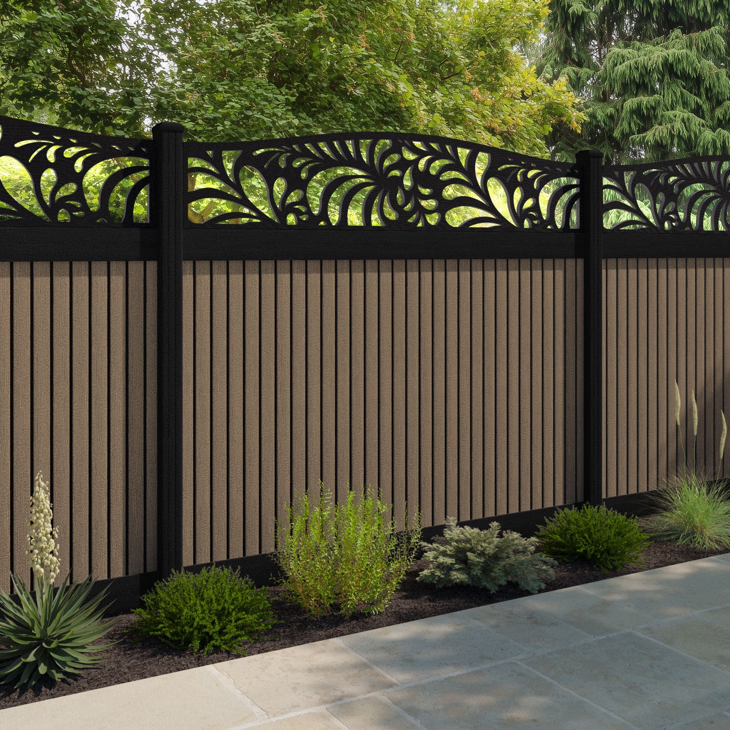Virtis Petal Curved Top Fence Panel - Teak - with our composite posts