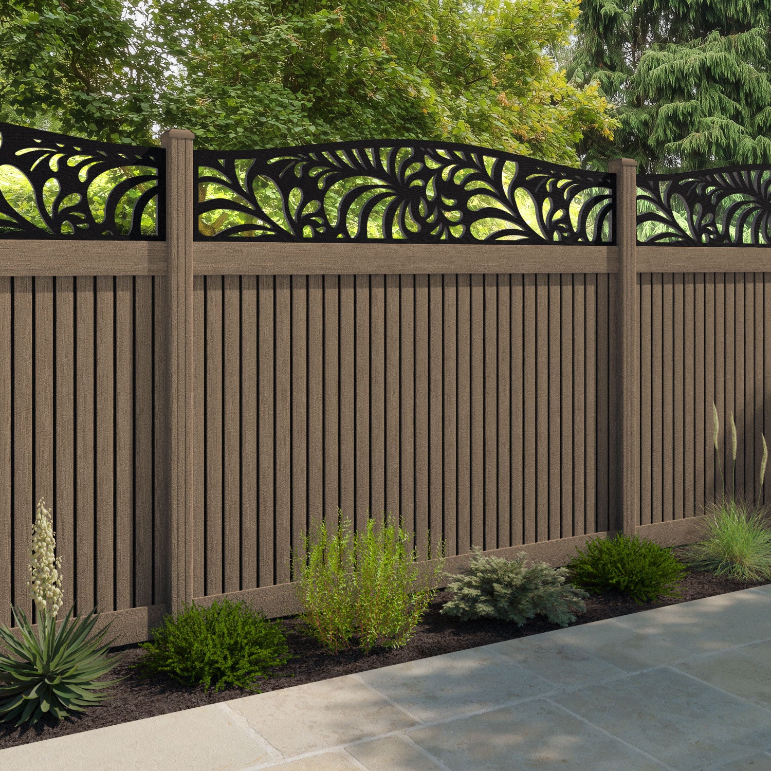 Virtis Petal Curved Top Fence Panel - Teak - with our composite posts