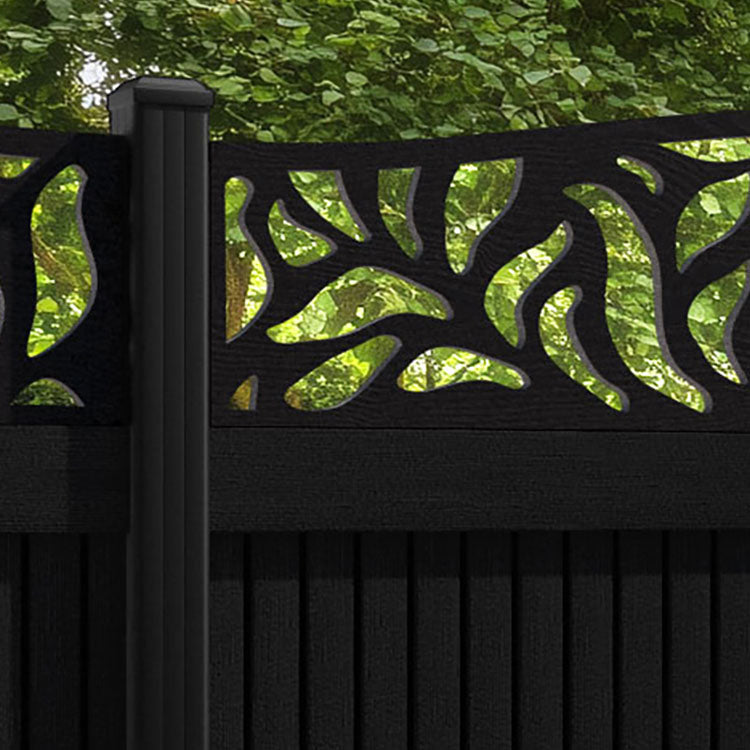 Virtis Plume Curved Top Fence Panel - Black - with our aluminium posts