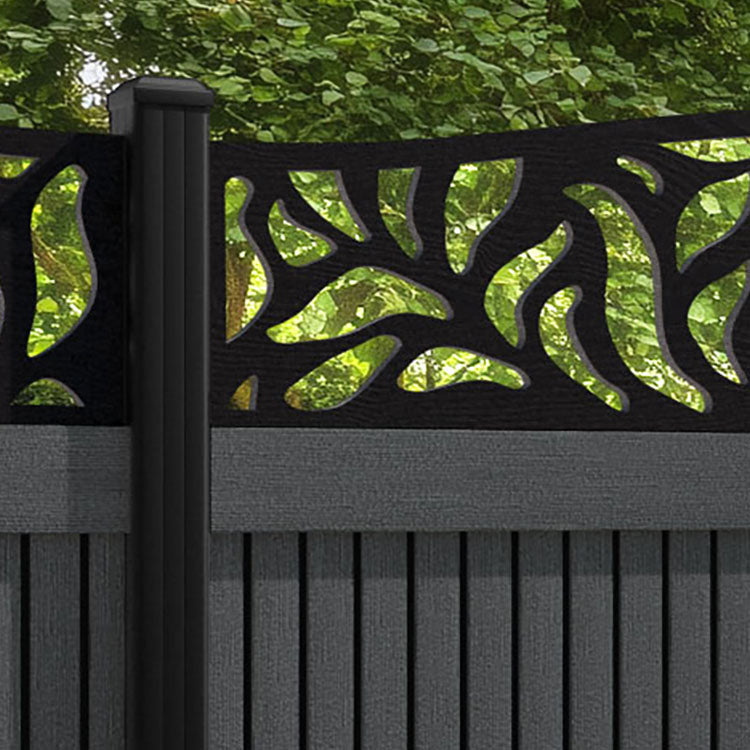 Virtis Plume Curved Top Fence Panel - Dark Grey - with our aluminium posts