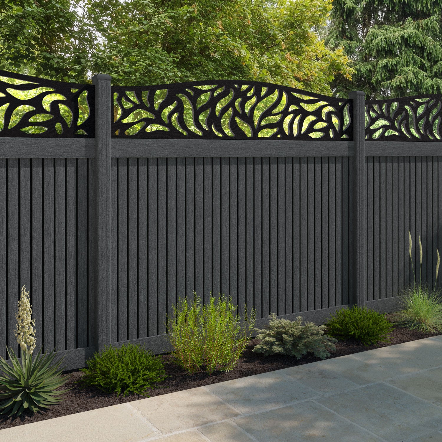 Virtis Plume Curved Top Fence Panel - Dark Grey - with our composite posts