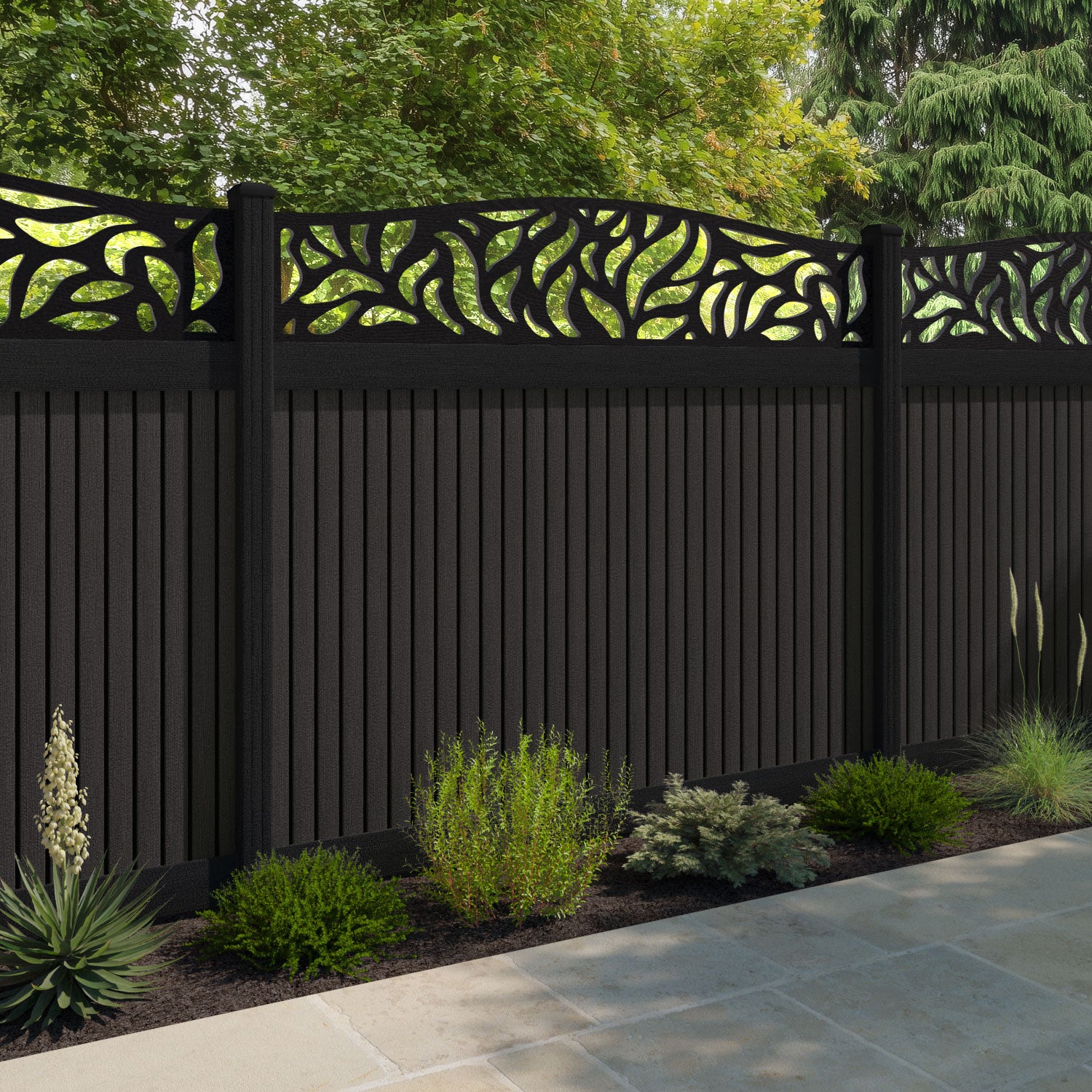 Virtis Plume Curved Top Fence Panel - Dark Oak - with our aluminium posts