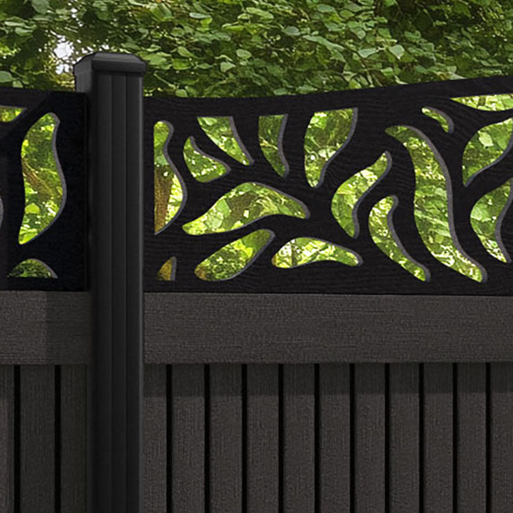 Virtis Plume Curved Top Fence Panel - Dark Oak - with our aluminium posts