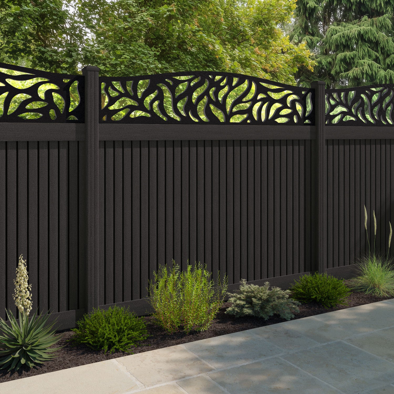 Virtis Plume Curved Top Fence Panel - Dark Oak - with our composite posts