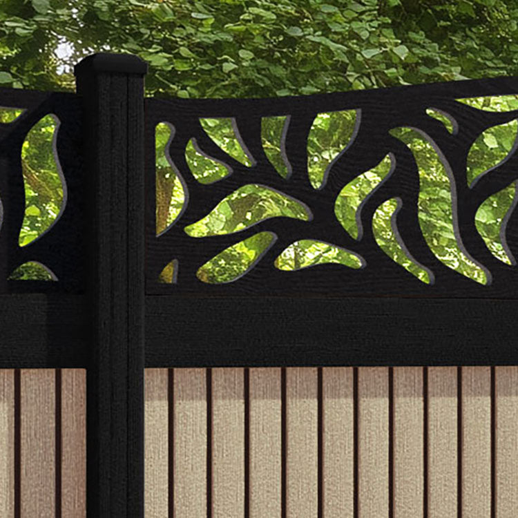Virtis Plume Curved Top Fence Panel - Light Oak - with our aluminium posts
