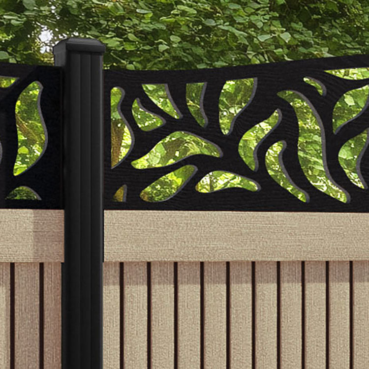 Virtis Plume Curved Top Fence Panel - Light Oak - with our aluminium posts