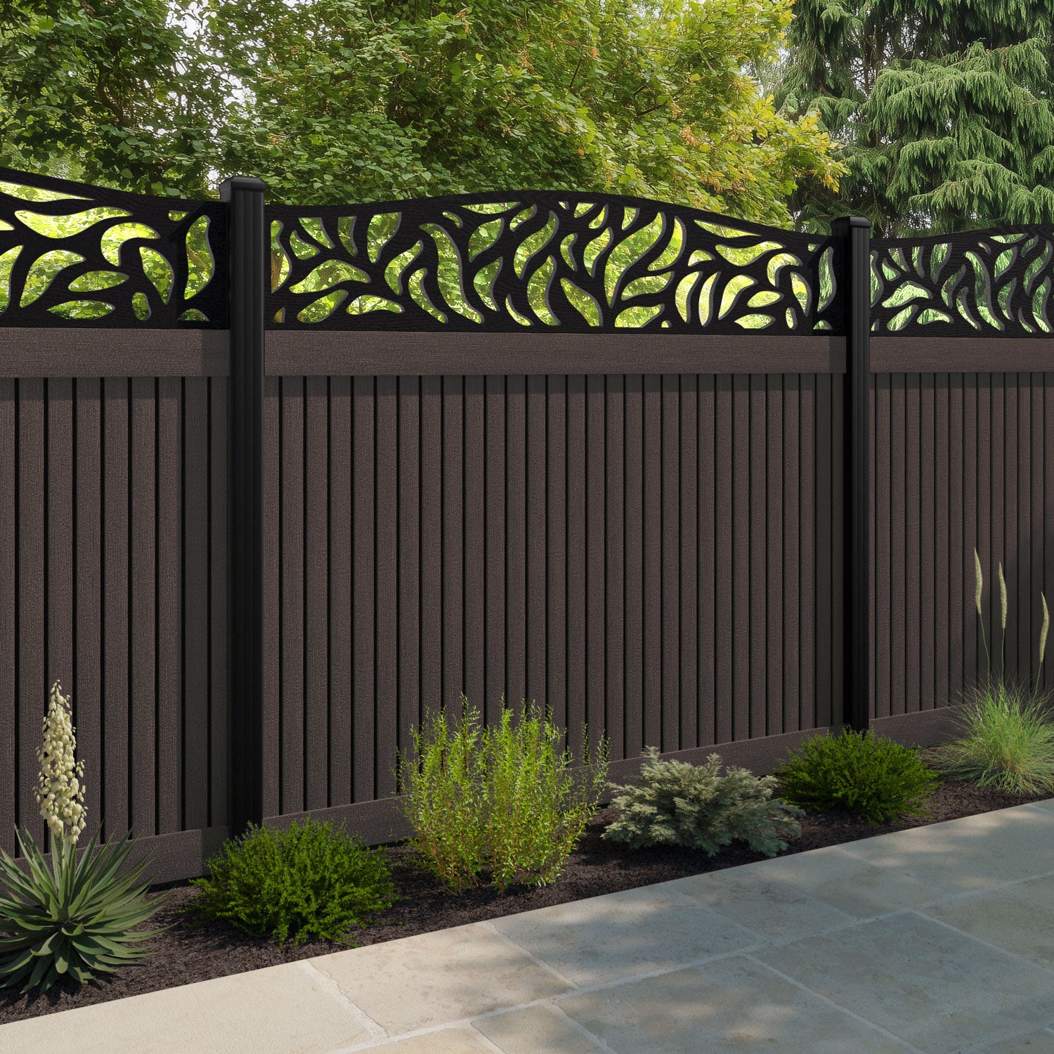 Virtis Plume Curved Top Fence Panel - Mid Brown - with our composite posts
