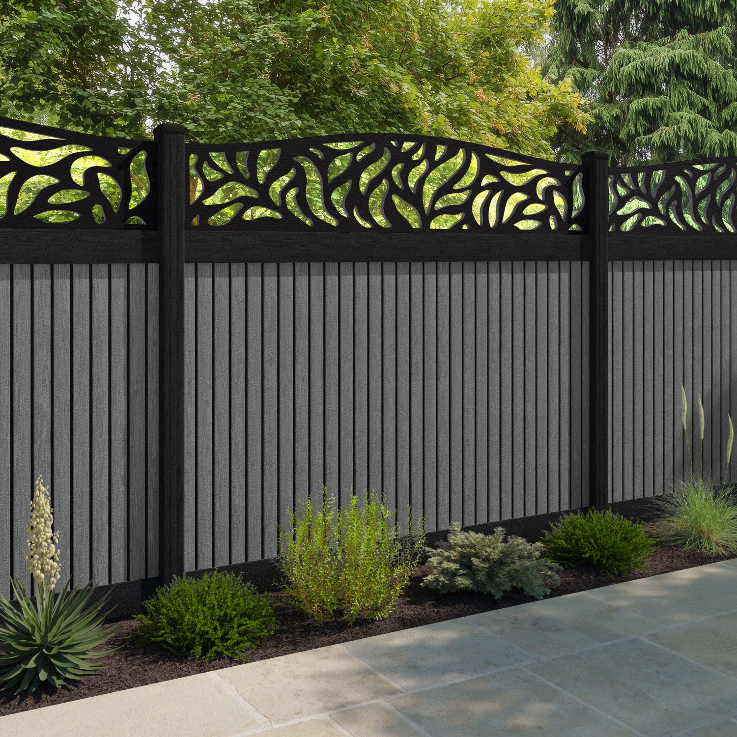 Virtis Plume Curved Top Fence Panel - Mid Grey - with our composite posts