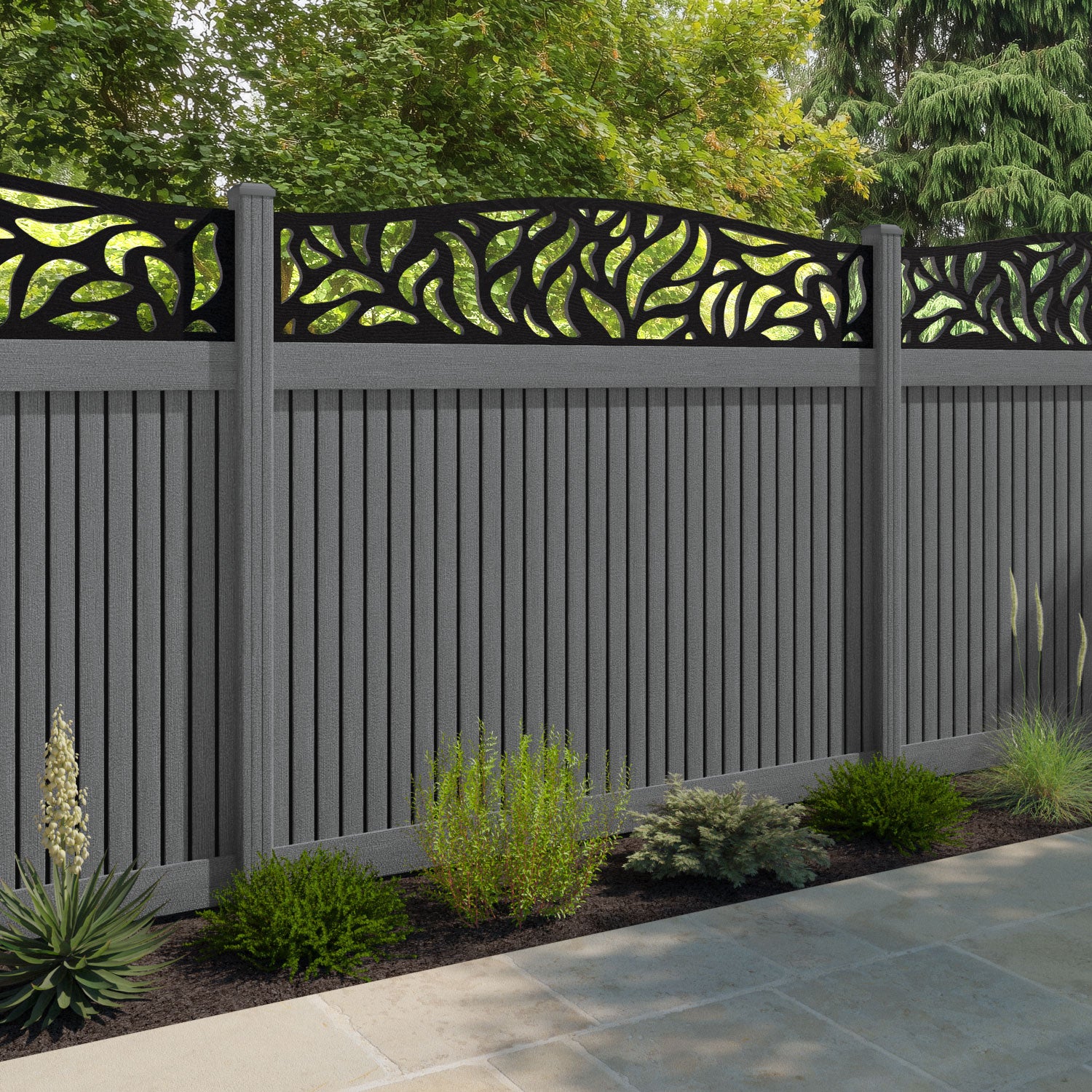 Virtis Plume Curved Top Fence Panel - Mid Grey - with our composite posts