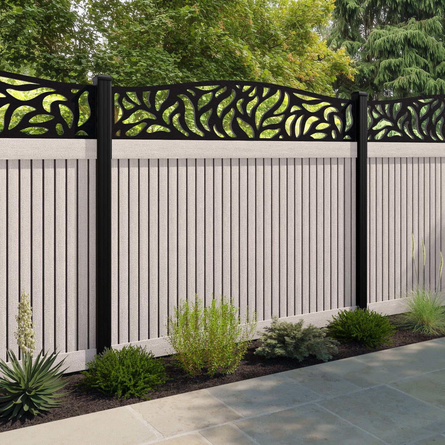 Virtis Plume Curved Top Fence Panel - Mid Stone - with our aluminium posts