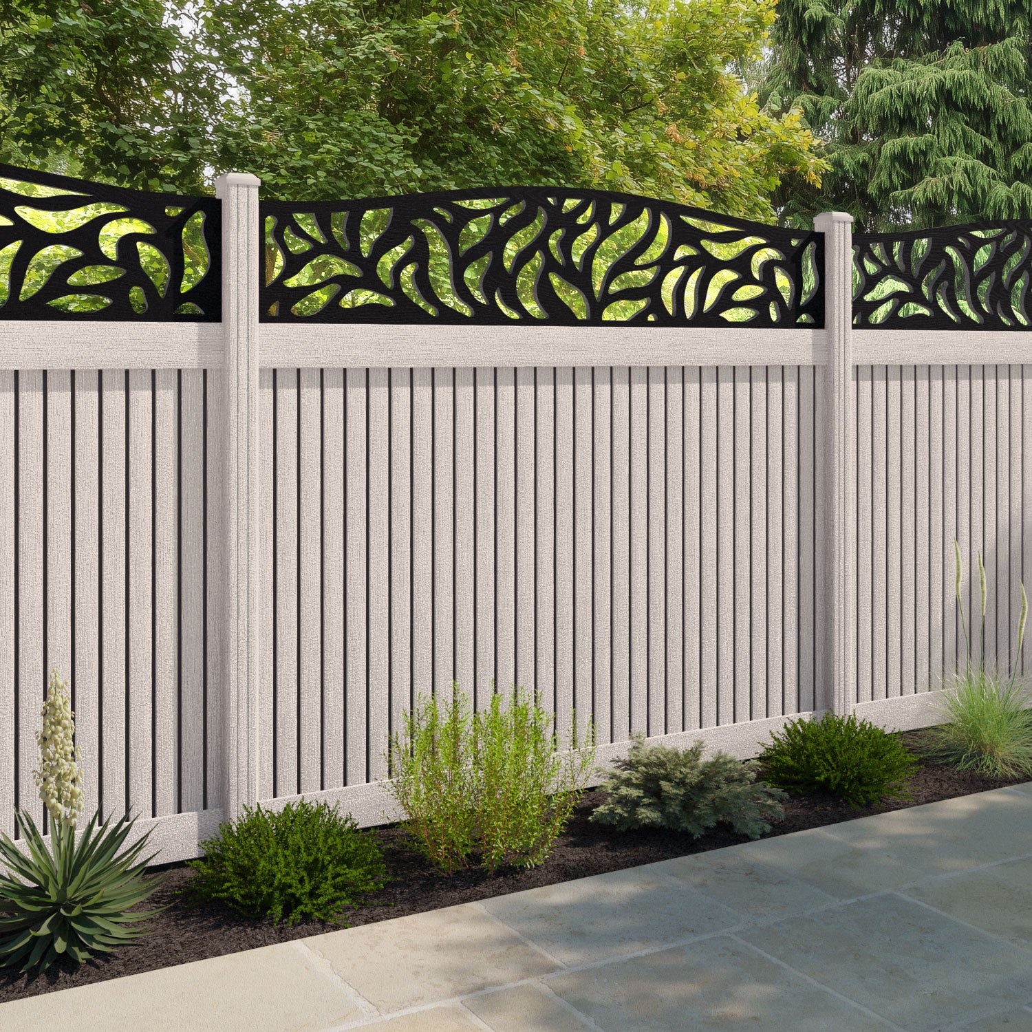 Virtis Plume Curved Top Fence Panel - Mid Stone - with our composite posts