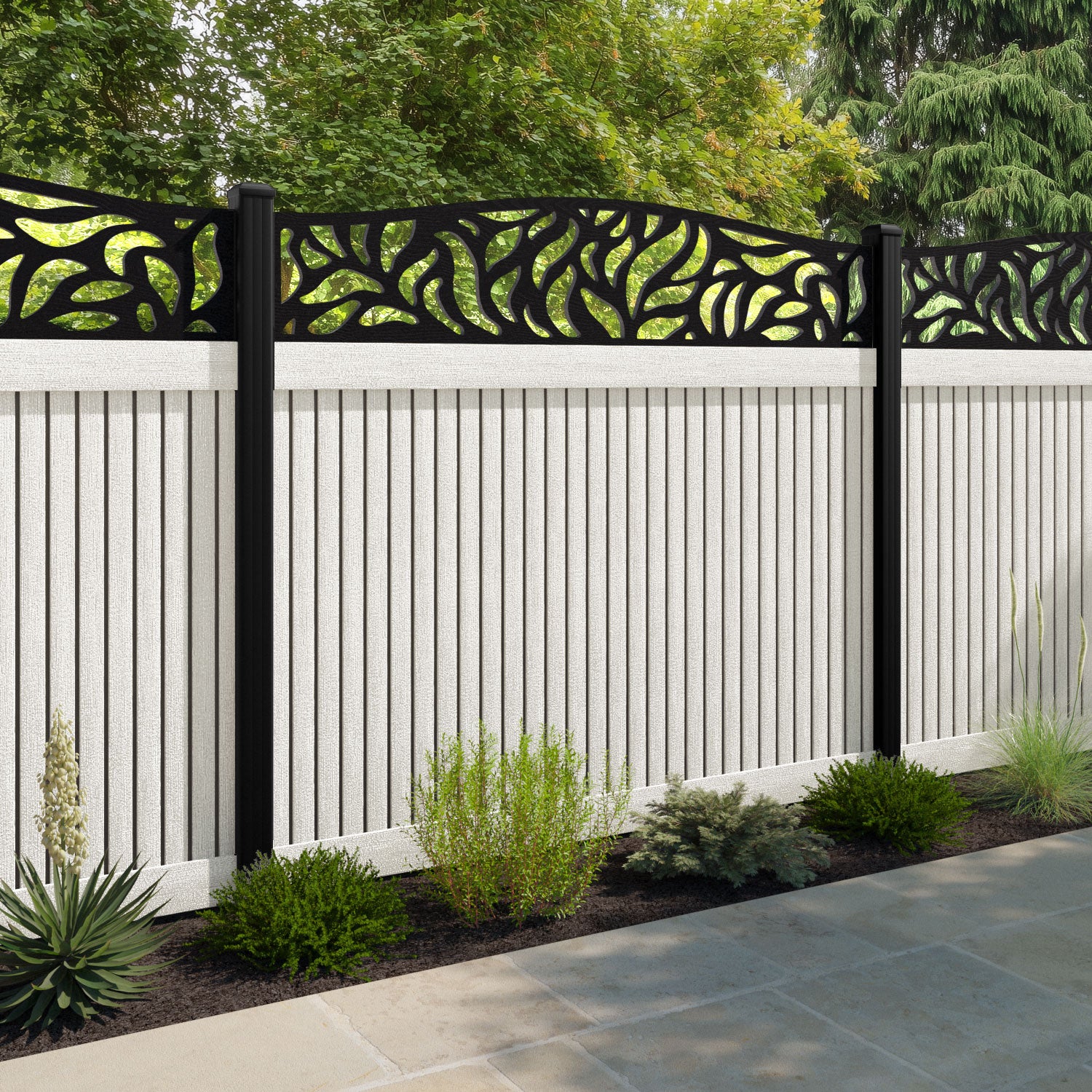 Virtis Plume Curved Top Fence Panel - Light Stone - with our aluminium posts
