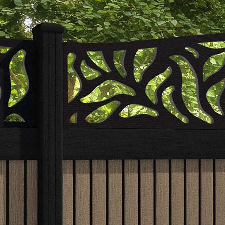 Virtis Plume Curved Top Fence Panel - Teak - with our aluminium posts
