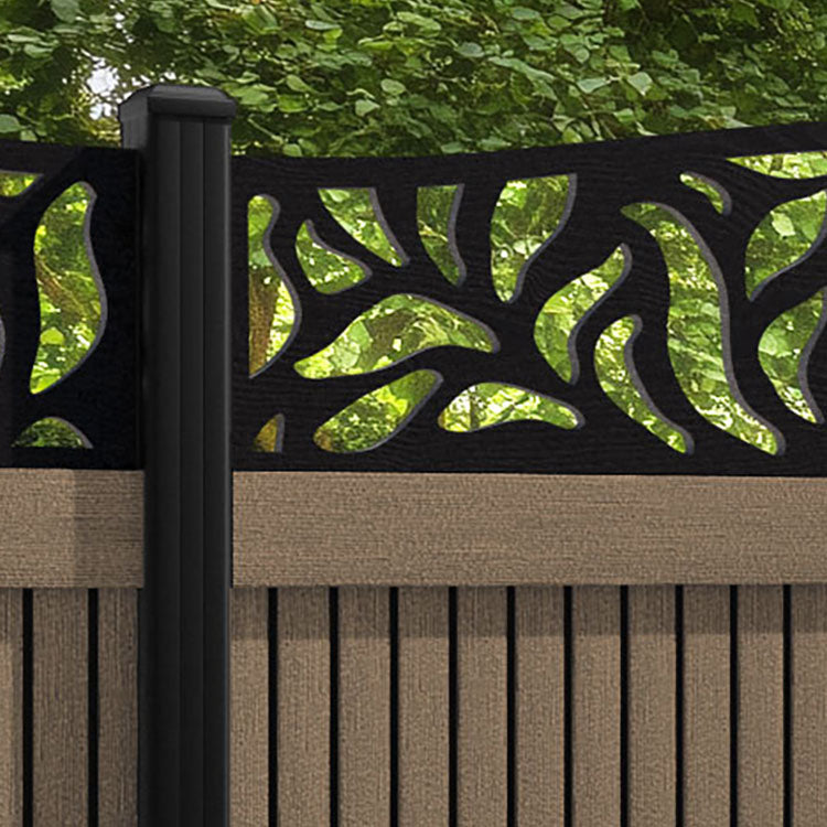 Virtis Plume Curved Top Fence Panel - Teak - with our aluminium posts
